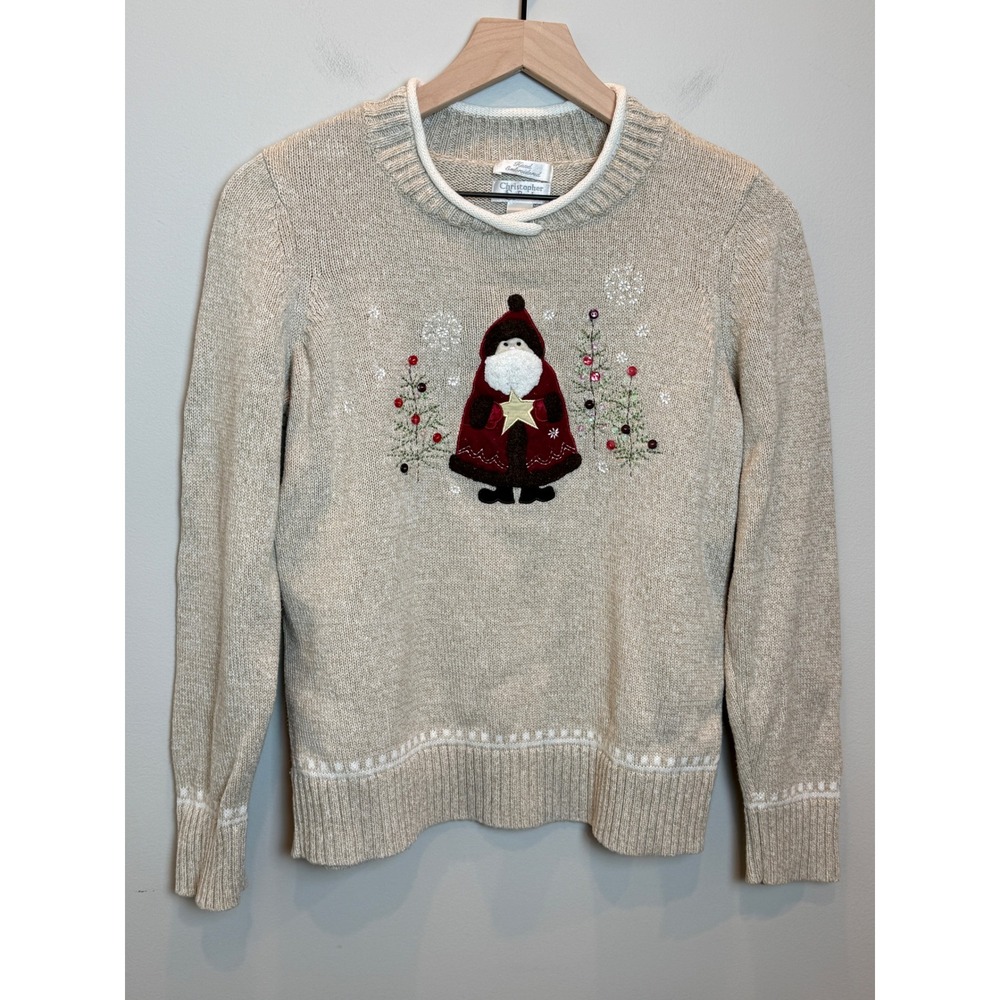 VTG Christopher & Banks Santa Hand Embroidered Roll Neck Sweater S Cottagecore